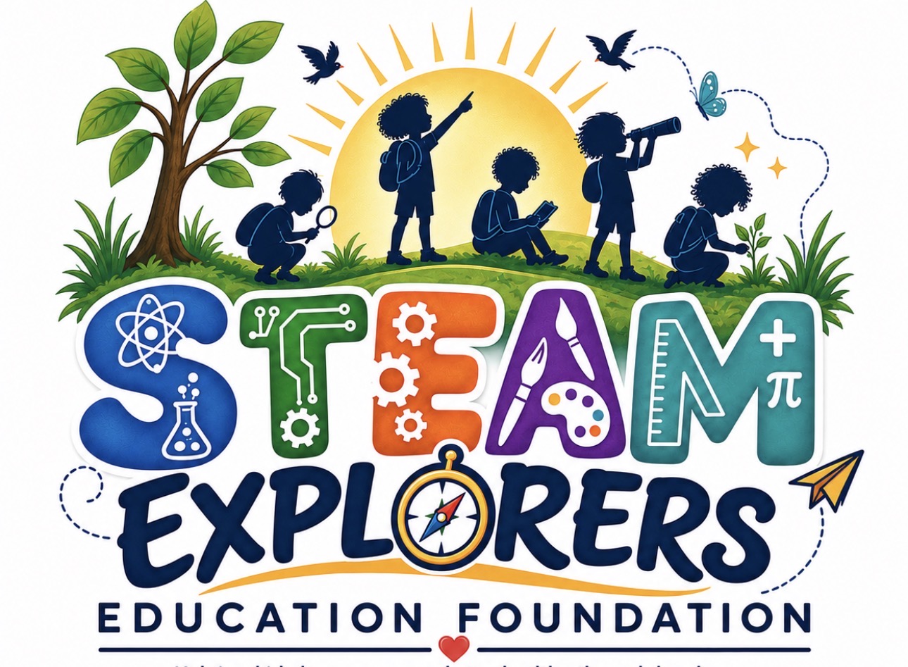 STEAM Explorers Education Foundation logo with children exploring, nature, and colorful STEAM symbols